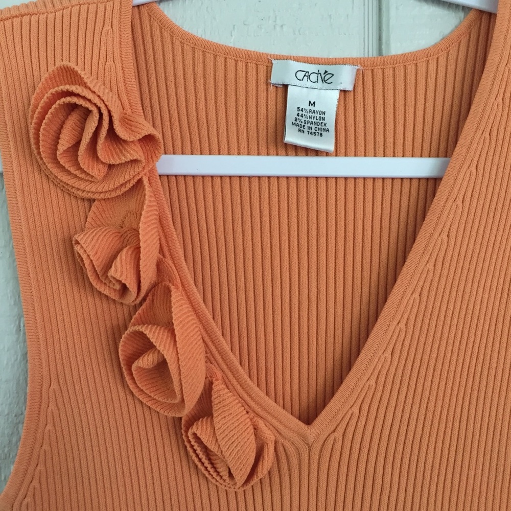 Cache Rib Knit Embellished Flowers Stretch Top - Picture 2 of 3